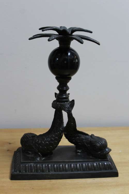 Bronze carved artwork candle holder mounted on marble