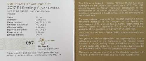 2017 SILVER R1 PROOF  Mandela - Life of a Legend with Certificate of Authenticity