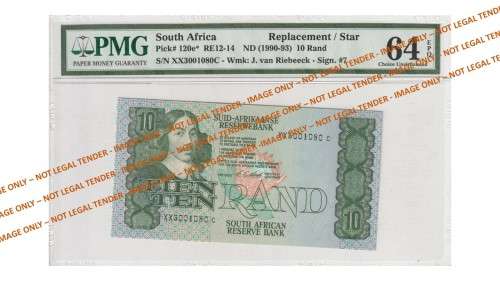 Graded 1990 10 Rand CL Stals 1st Issue A/E (XX30)  PMG 64 Choice Uncirculated