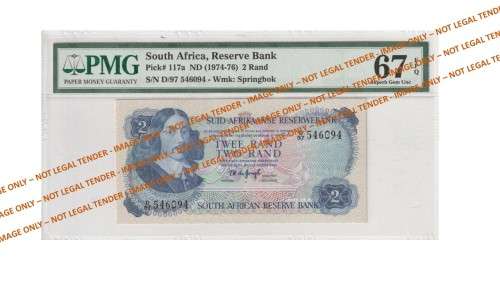 Graded 1974 2 Rand TW De Jongh 2nd Issue A/E (D97)  PMG 67 Uncirculated