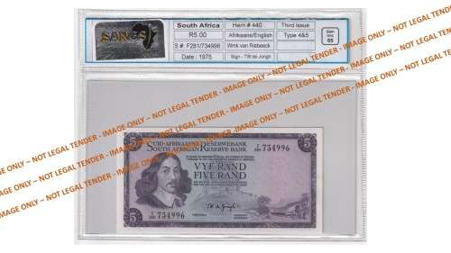 Graded 1975 5 Rand TW De Jongh 3rd Issue A/E (F281)  SANGS 65 Gem Uncirculated