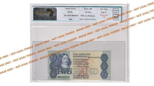 Graded 1983 2 Rand GPC De Kock 3rd Issue Replacement A/E (WW38)  SANGS 65 Gem Uncirculated