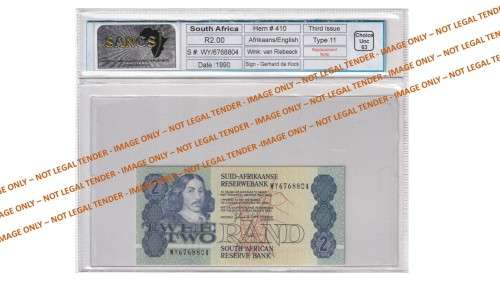 Graded 1990 2 Rand GPC De Kock 3rd Issue Replacement A/E (WY67)  SANGS 63 Choice Uncirculated