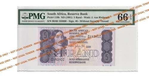 Graded 1981 5 Rand GPC De Kock 1st Issue E/A (B1/66)  PMG 66 Gem Uncirculated