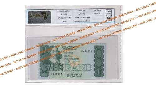 Graded 1982 10 Rand GPC De Kock 2nd Issue A/E (C3/66)  SANGS 66 Gem Uncirculated