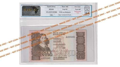 Graded 1984 20 Rand GPC De Kock 3rd Issue E/A (Z29)  SANGS 64 Choice Uncirculated
