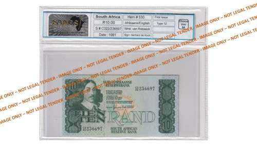 Graded 1981 10 Rand GPC De Kock 1st Issue A/E (C3/22)  SANGS 64 Choice Uncirculated