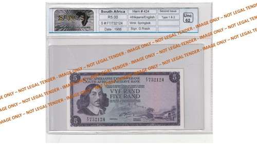 Graded 1966 5 Rand G Rissik 2nd Issue A/E (F7)  SANGS 62 Uncirculated
