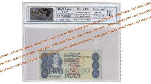 Note Centering is off - Graded 1983 2 Rand GPC De Kock 2nd Issue A/E (AR07)  SANGS 64 Choice Unc