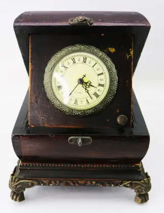Original Brass Footed Wood Boxed Ornamental Working Fold Out Clock