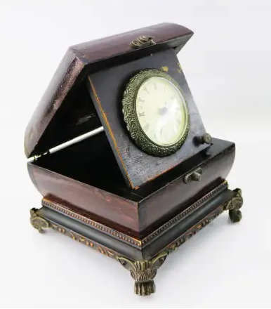 Original Brass Footed Wood Boxed Ornamental Working Fold Out Clock