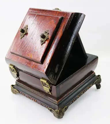 Original Brass Footed Wood Boxed Ornamental Working Fold Out Clock