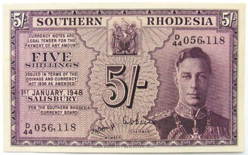 1948 Southern Rhodesia 5 Shilling note