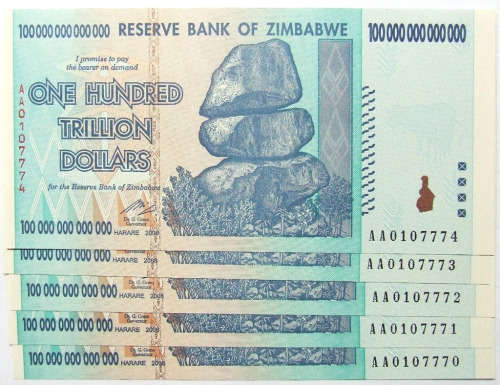 ##2008 Zimbabwe 100 Trillion Dollar Notes (5 Sequential Numbers)##