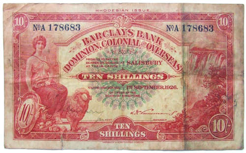 1926 Barclays Bank 10 Shillings (Dominion, Colonial & Overseas) Rhodesian issue