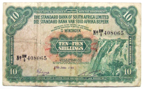 1951 Standard Bank of South Africa "WINDHOEK" 10 Shilling Note