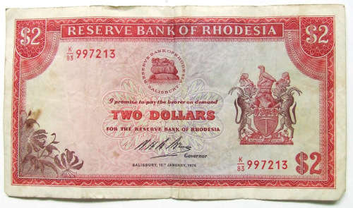 1974 Rhodesia 2 Dollar Note
