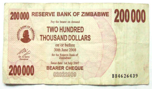 2007 Zimbabwe Bearer Cheque 200000 Dollars