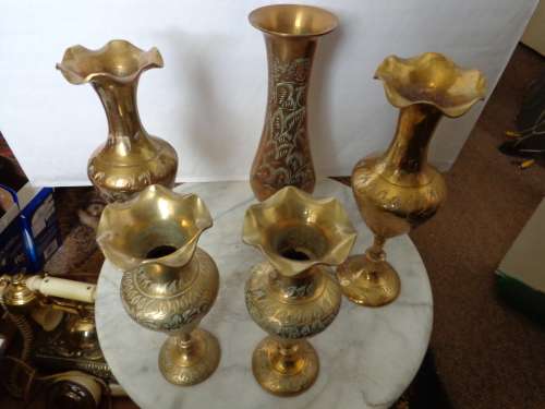 5 X SOLID BRASS VASES IN NICE CONDITION.read on..