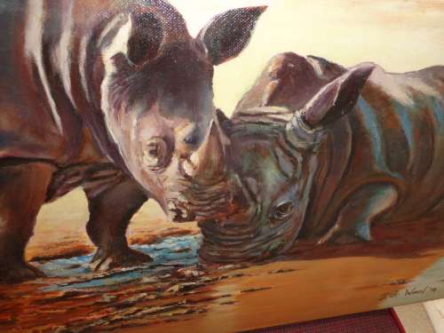 RHINOs AT WATERHOLE BOXED ON CANVAS .61 x 46 cm (2014 ) STORED..READ ON...