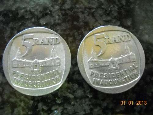 2 x 1994 Presidential Inauguration R5 Coins Plus a Brand New Mandela 90th Birthday Postage Stamp
