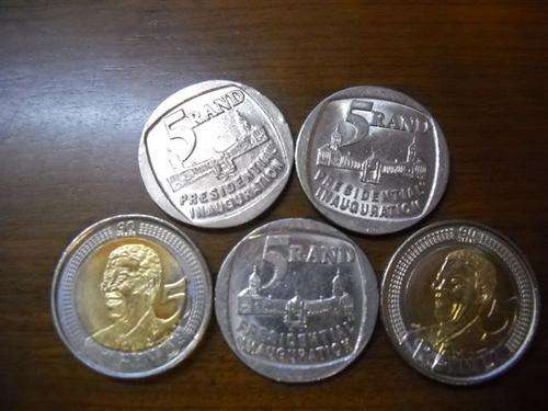 2 x 2008 Madiba Birthday Coins + 3 x 1994 Inauguration Coin Plus 2 x Mandela Standard Postage Stamps