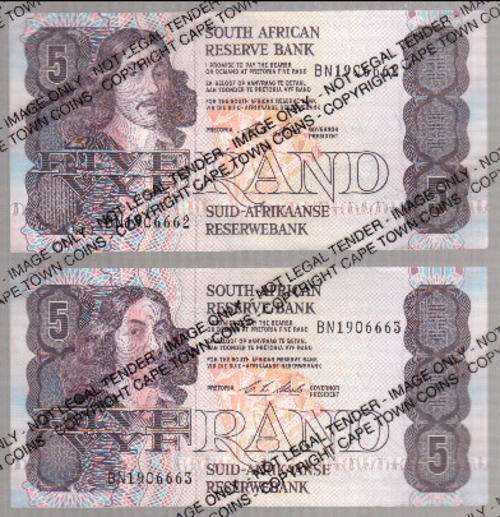 CL Stals 1st issue R5 banknotes Uncirculated with 2 consecutive numbers - as per scan