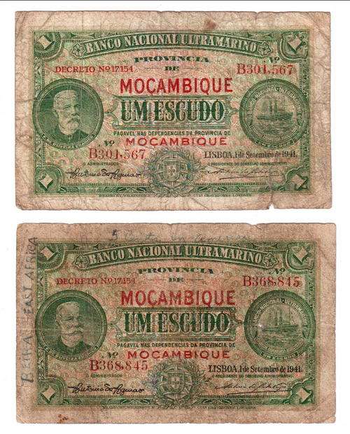 Lot of 2 Mozambique 1941 issue 1 Escudo banknote @ CRAZY R1 start