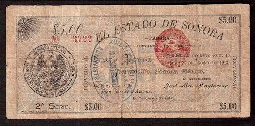 El Estado de Sonora 1913 issue 5 Dollar banknote @ CRAZY R1 start