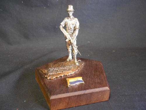 SADF soldier ''troepie'' made from metal on wooden plaque - as per scan
