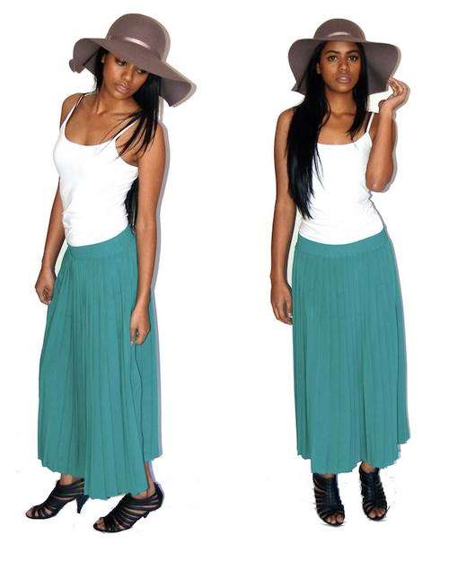 Vintage Turquoise Pleated Maxi Skirt