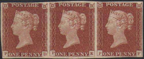 Great Britain - SG8a - 1d Red-Brown on very blued paper - Strip of 3 - MM - MIN CV  R34750