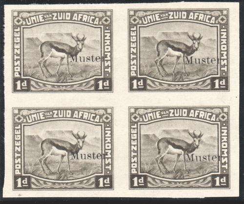Union of SA : 1d Black Harrison Essay Imperf Block of 4 MNG O/P "Muster" ***RARE***