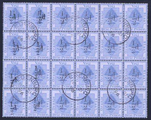 OFS - 1896 1/2d on 3d Ultramarine - SUPERB USED BLOCK OF 24 - VARIOUS O/P AND DOUBLE O/P VARIETIES