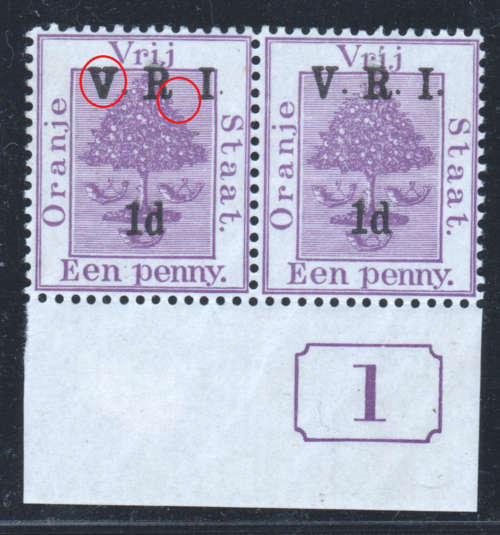 OFS 1900 SG113 / SG124c CONTROL PAIR-left stamp surcharged type T33 - variety NO STOP AFTER "R" UM