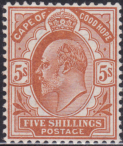 Cape of Good Hope : 1902 SACC73 5/- BROWN-ORANGE LMM CV R3500