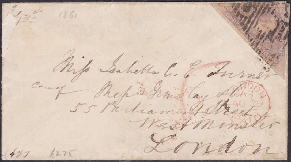 Cape of Good Hope 1860 6d COVER (SG7) (dd 21 JULY 1861)