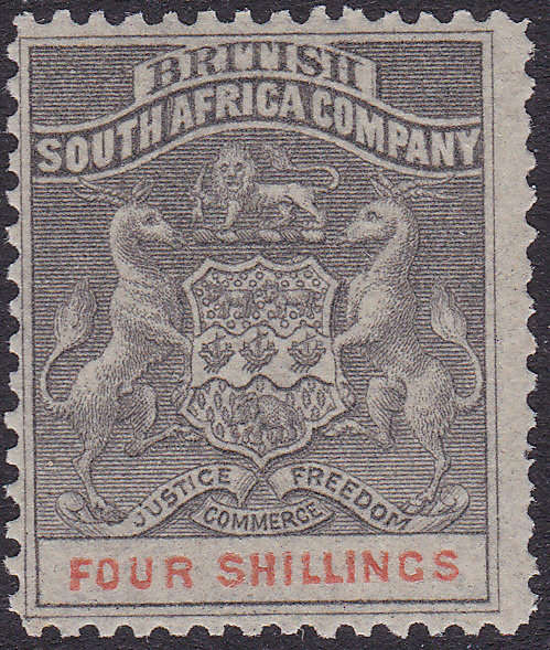 BSAC / Rhodesia 1892 SACC26 4/- GREYISH-BLACK & VERMILLION - ***UNMOUNTED MINT*** CV R1800