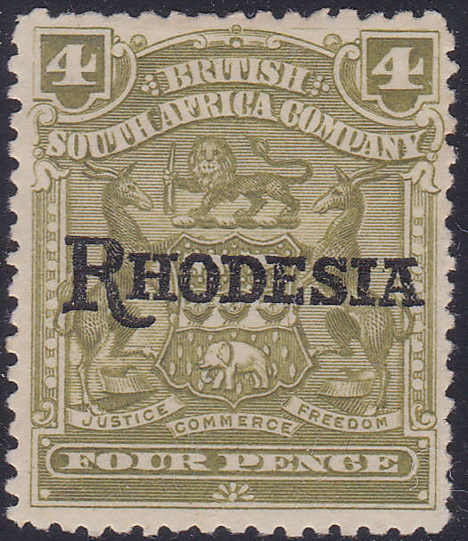 BSAC / Rhodesia 1909-12 SG105a 4d Olive  - No Stop Variety
