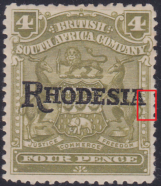 BSAC / Rhodesia 1909-12 SG105a 4d Olive  - No Stop Variety