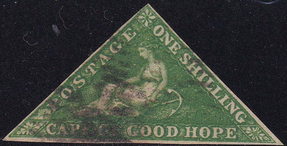 Cape of Good Hope 1858 SG8 1/- BRIGHT YELLOW GREEN - VERY FINE USED - 3 GOOD TO LARGE MARGINS CV£300