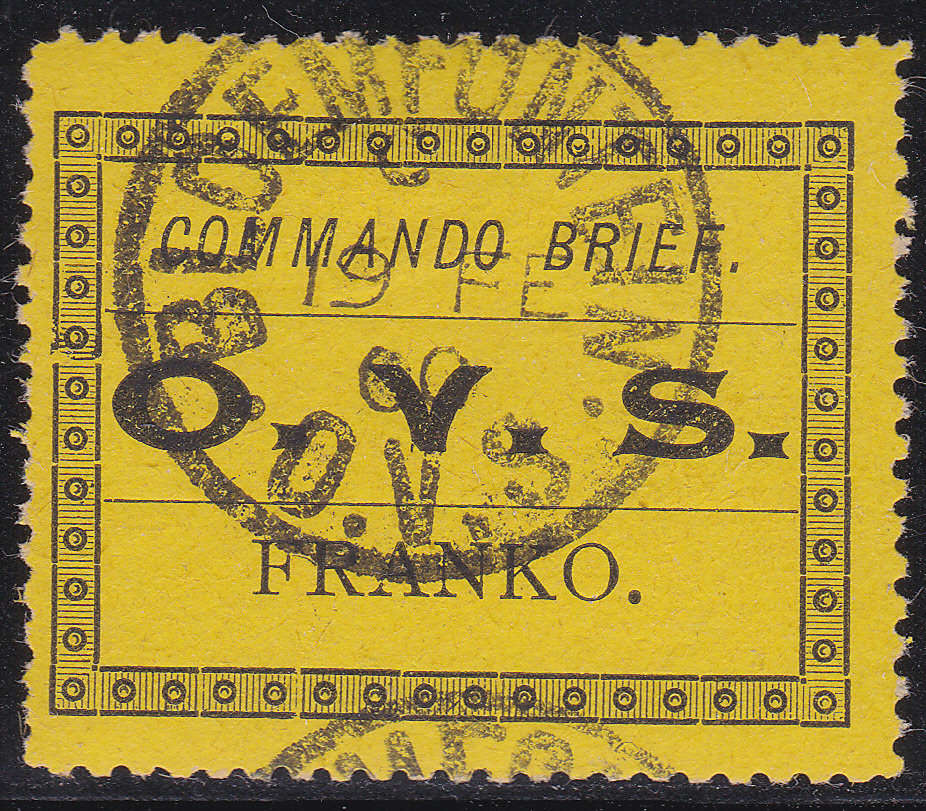 OFS 1899 MILITARY FRANK STAMP M1 BLACK/BISTRE-YELLOW - SUPERB USED(BLOEMFONTEIN)