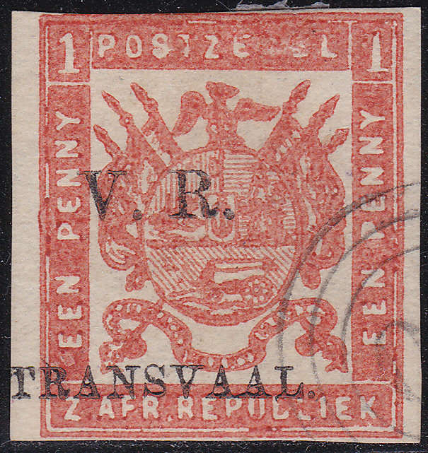 Transvaal 1877 SG98 1d BRIGHT RED, IMPERF, STOUT PAPER  - FINE USED