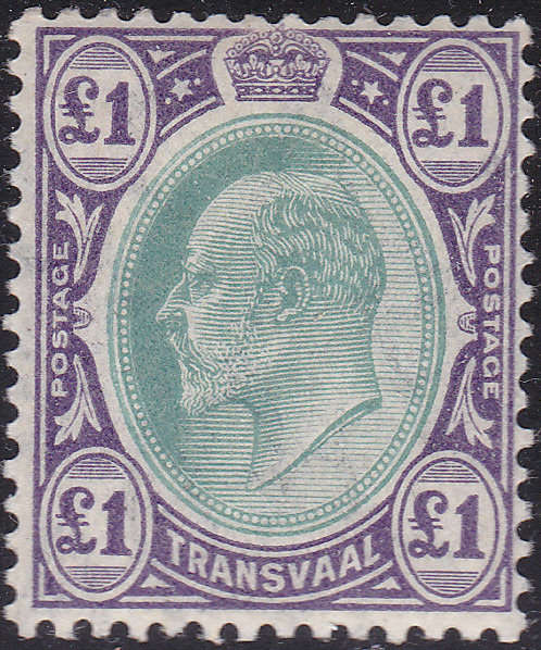 TRANSVAAL 1908 SACC278(SG272) £1 GREEN & VIOLET(WM MULTIPLE CROWN CA) UM CV R11000