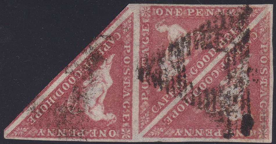 Cape of Good Hope 1858 1d DEEP ROSE-RED BLOCK OF 3 - SUPERB USED-RARE MULTIPLE - BRANDON CERTIFICATE