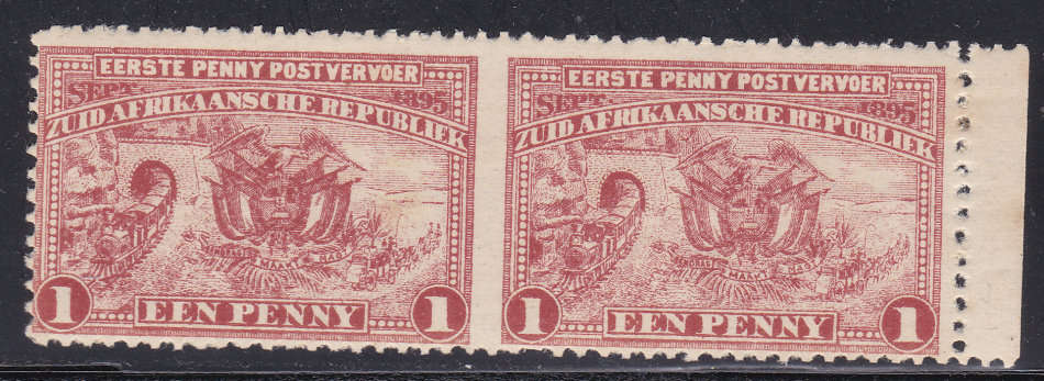 TRANSVAAL 1895 SACC222a 1d RED HORIZONTAL PAIR (IMPERF BETWEEN) **UNMOUNTED MINT**