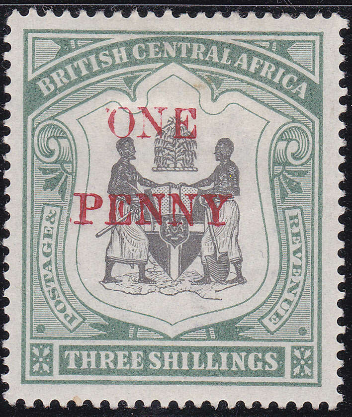 B.C.A.(Nyasaland): 1897 SG53 1d ON 3/- BLACK and SEA-GREEN MM