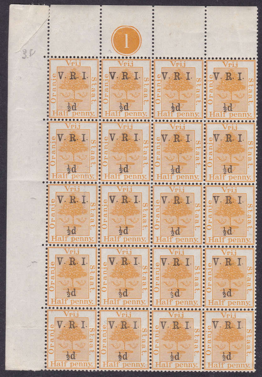 OFS 1900  ½d ON ½d ORANGE CONTROL SHEET OF 20 WITH VARIETIES - UM