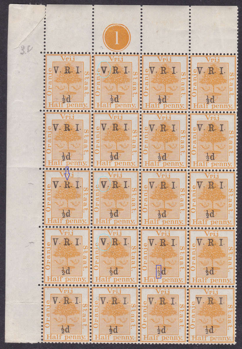 OFS 1900  ½d ON ½d ORANGE CONTROL SHEET OF 20 WITH VARIETIES - UM