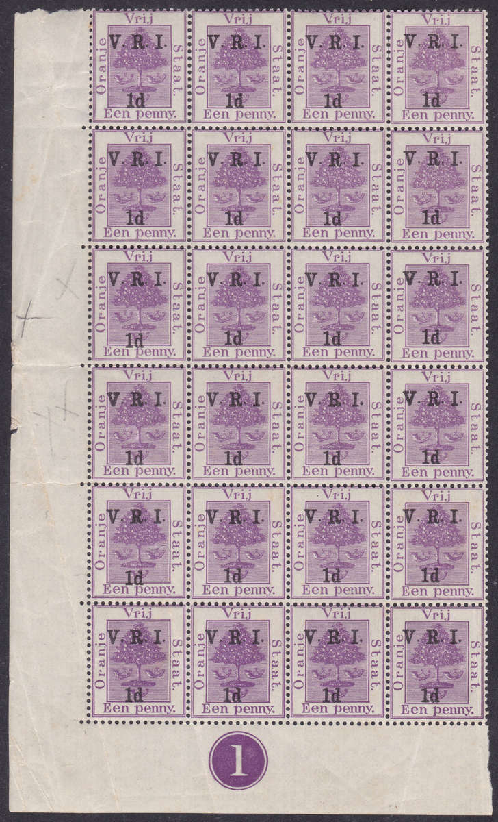 OFS 1900  1d ON 1d PURPLE MARGINAL CONTROL SHEET OF 24 WITH VARIETIES - UM